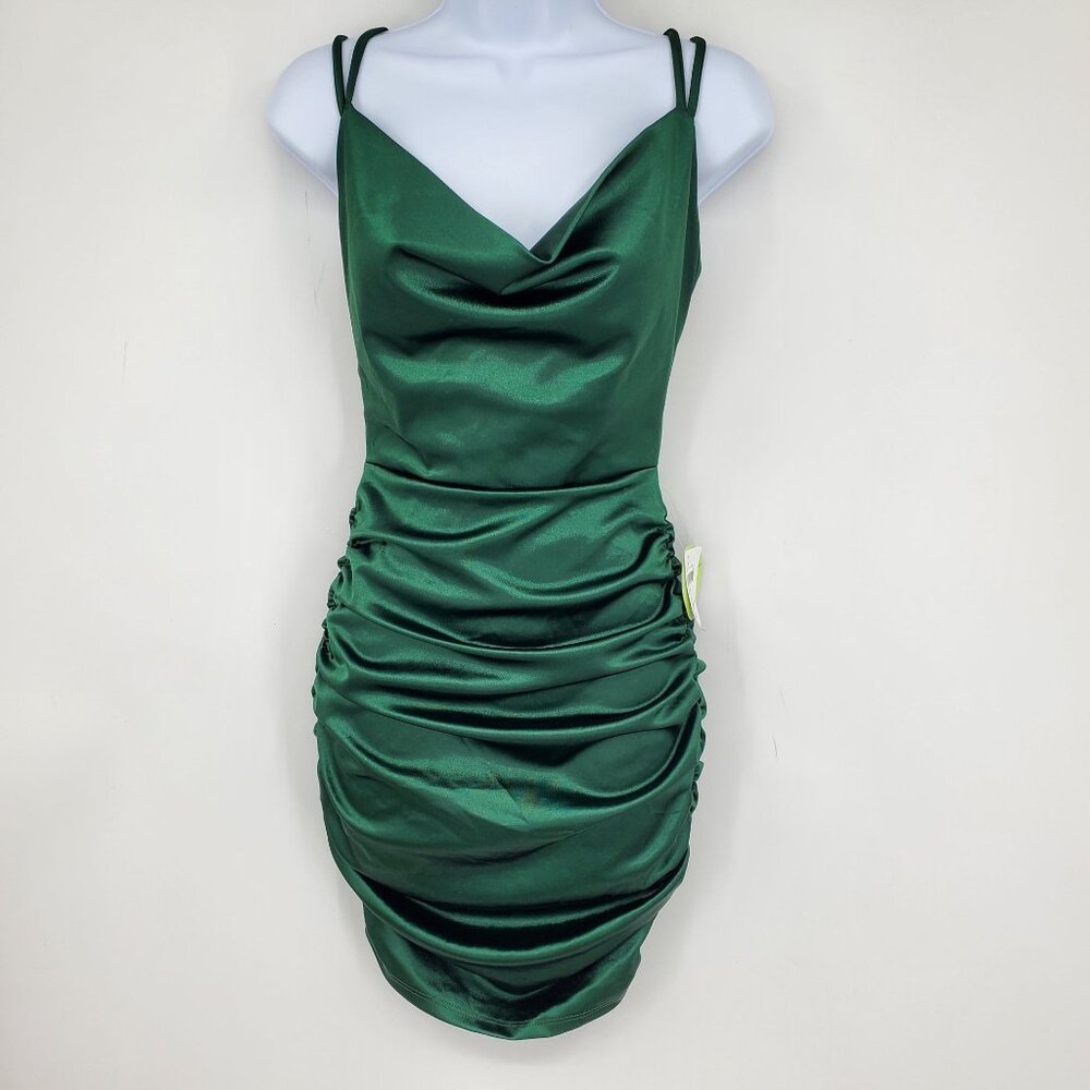 NWT Windsor Becca Satin Lace-Up Hunter Green Ruched Party Mini‎ Dress Small